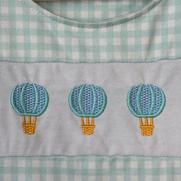 Hot air balloons appliqué shortall romper toddler boy jon jon gingham mint - Picture 4 of 7